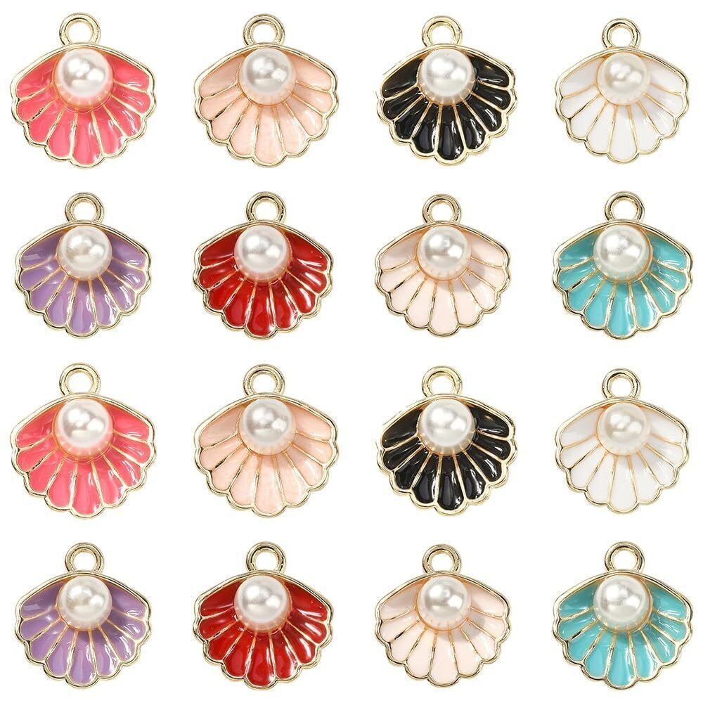 3638 40 pcs 8 Colors Enamel Clam Shell Charms with Imitation White Pearl